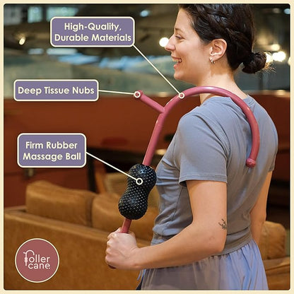 Roller Cane Massager | 2-in-1 Massage Roller Stick & Trigger Point Cane | Rubber Ball for Deep Tissue, Myofascial Release & Muscle Recovery (Red)