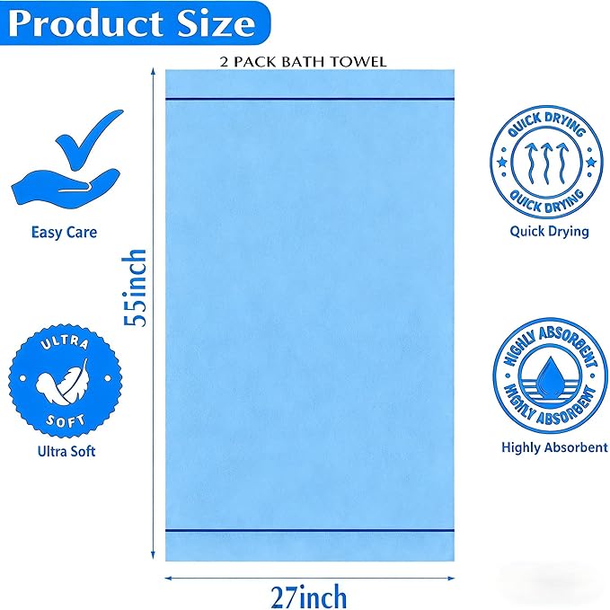 2-Pack Microfiber Bath Towels (27x54 Inches) - Ultra Soft & Quick Dry, 3X Absorbency, Lightweight for Gym, Yoga, Travel & Spa - Perfect for Home, Fitness & Post-Workout
