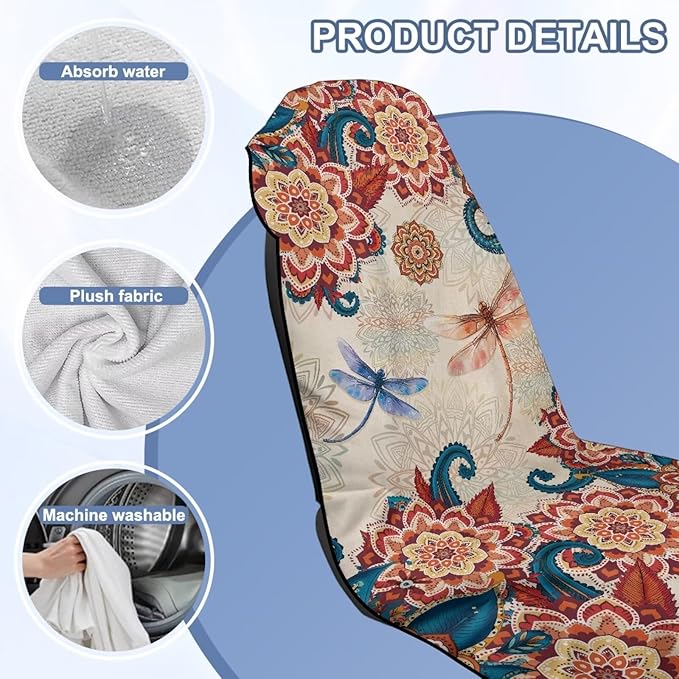 Bulopur Boho Floral Dragonfly Car Seat Towel Cover After Gym Workout Beach Swimming Sweating Car Seat Cover Fits for Car SUV Sedan Truck Front Seats