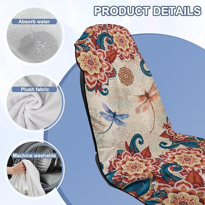 Bulopur Boho Floral Dragonfly Car Seat Towel Cover After Gym Workout Beach Swimming Sweating Car Seat Cover Fits for Car SUV Sedan Truck Front Seats