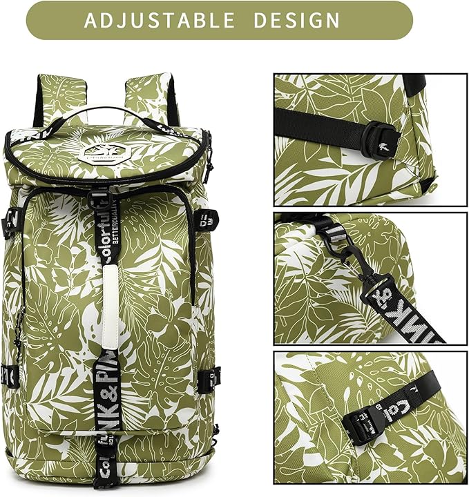 Floral gym duffel bag backpack, fashion wrestling bag,with shoe compartment, 4 kinds of back method waterproof travel sports walking laptop Lightweight (A-Floral Green)