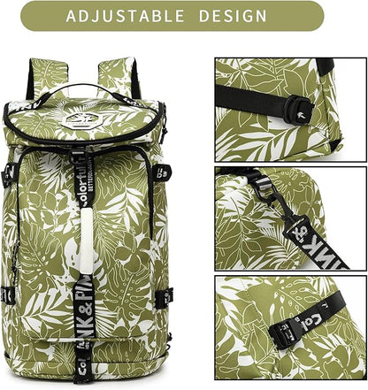 Floral gym duffel bag backpack, fashion wrestling bag,with shoe compartment, 4 kinds of back method waterproof travel sports walking laptop Lightweight (A-Floral Green)