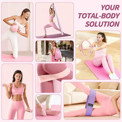 Pilates Kit, Pilates Essential Kit for Women, Pilates Equipment with 14.5" Pilates Ring and Ball, Resistance Bands,Dumbbells & Grip Socks Accessories, Home Pilates Workout Kit for Starter
