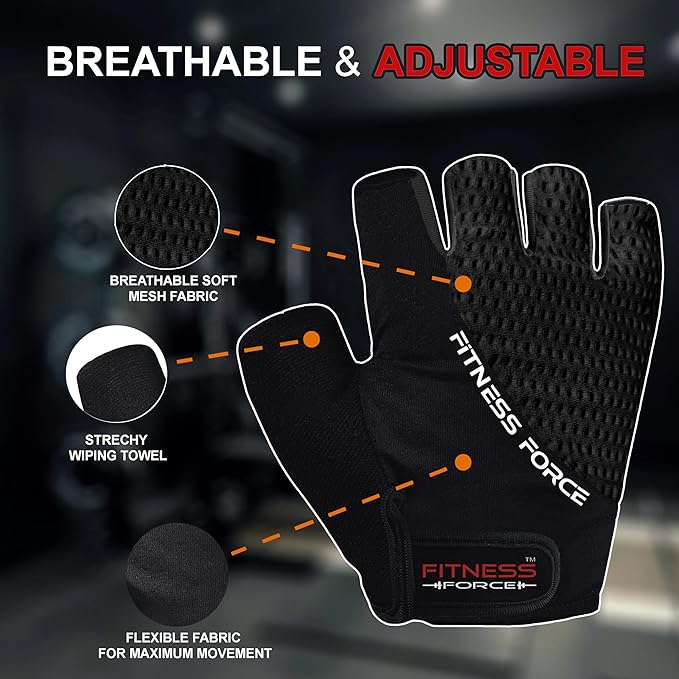 FITNESS FORCE Breathable Workout Gloves for Men and Women, Padded Weight Lifting Gloves with Full Palm Protection for Grip, Exercise, Cycling, Gym, Fitness Training
