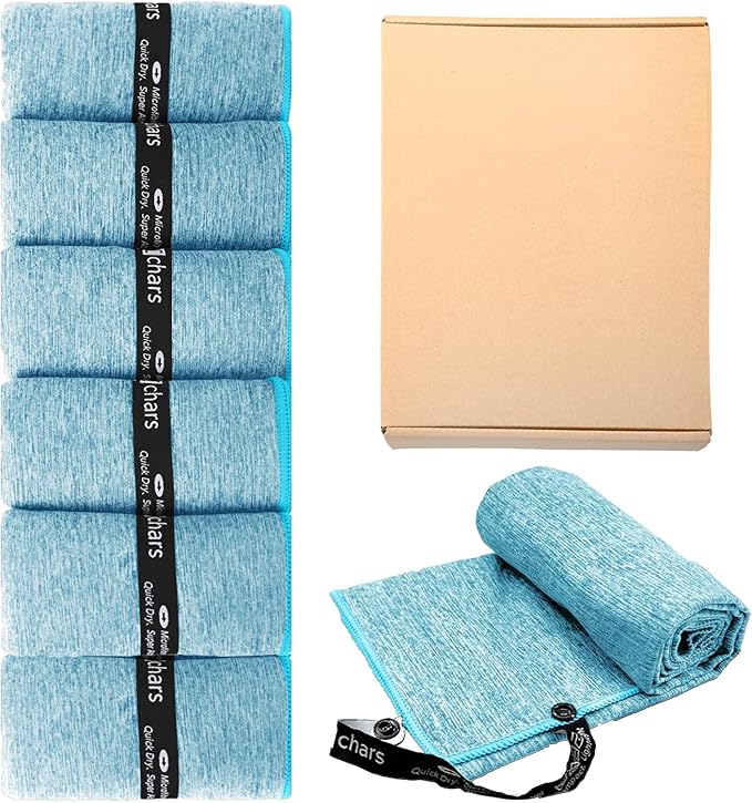 Microfiber Gym Towels - Quick Dry, Highly Absorbing, Silver ION Odor-Free Absorbent Fiber, for Men & Women - for Hot Yoga, Tennis, Running, Workout, Camping, Set of 6 Charcoal Gray (Lake Blue)