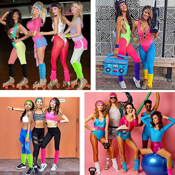 Leg Warmers for Women 80s Headband Wristbands Neon Leg Warmers Set for Sport Yoga - 80s Workout Clothes 90s Outfit for Women