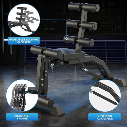 Adjustable Ab Bench for Home Gym, Multi-Functional Sit Up Bench with Height & Angle Adjustment, Foldable Core Trainer with Foam Rollers for Abdominal Workout, Back Extension & Full-Body Training