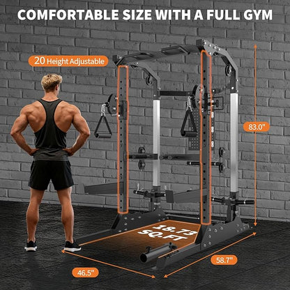 Power Cage, 2000LB Power Rack with Independent Dual Pulley System, Multi-Function Home Gym Workout Machine for Stability & Strength Training