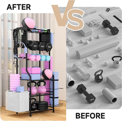 Dumbbell Rack, Home Gym Storage for Kettlebells, Yoga Mat & Strength Training Equipment, Weight Rack With Peg Board Organizer, Workout Gym Equipment Storage