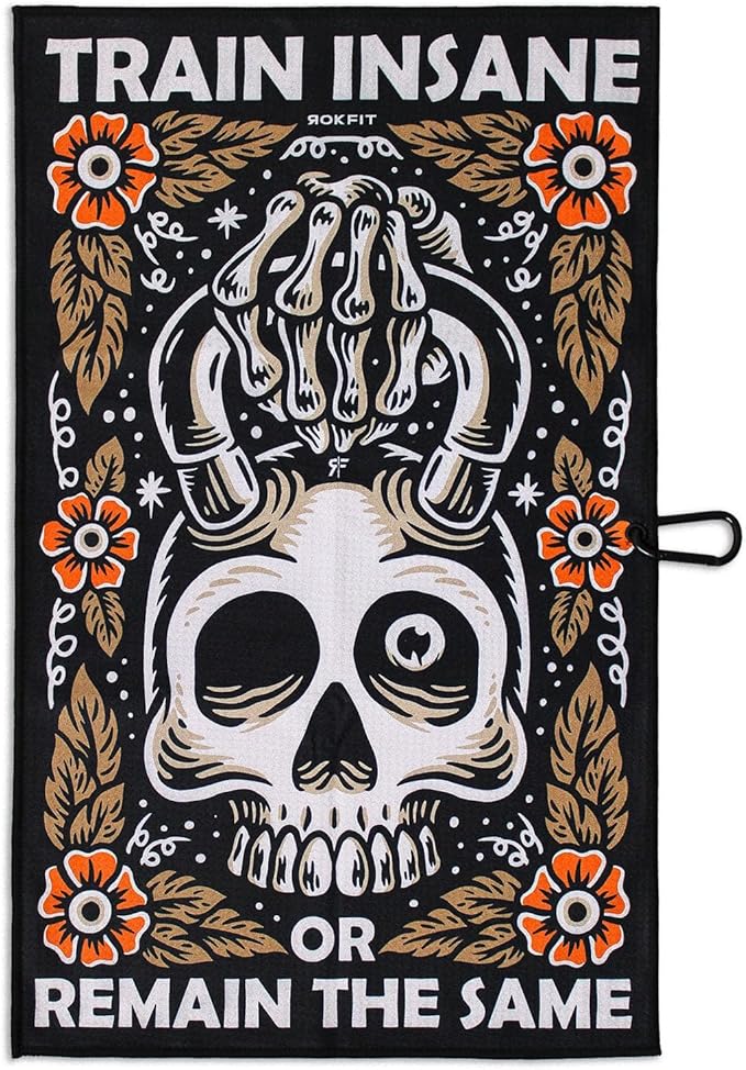 RokFit Gym & Golf Towel – Multi-Use, Quick-Dry, Durable Utility Towel with Bold Graphic and Carabiner Clip (Train Insane or Remain The Same)