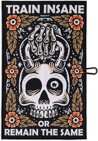 RokFit Gym & Golf Towel – Multi-Use, Quick-Dry, Durable Utility Towel with Bold Graphic and Carabiner Clip (Train Insane or Remain The Same)