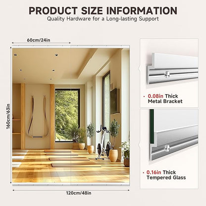 Home Gym Mirror, 63" x 24", 2PCS Large Full Body Mirror for Yoga, Silver Frameless Tempered Glass, Wall-Mounted Wall Mirrors for Home Gym, Workout, Garage, Bedroom, Bathroom, Dance Studio