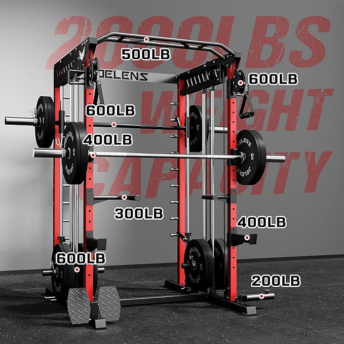 M21 Smith Machine, Multi-Function Power Cage with Dual Pulley Cable Crossover System, 2000LBS All-in-One Squat Rack with Smith Bar and Attachments for Home Gym Strength Training