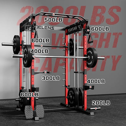 M21 Smith Machine, Multi-Function Power Cage with Dual Pulley Cable Crossover System, 2000LBS All-in-One Squat Rack with Smith Bar and Attachments for Home Gym Strength Training