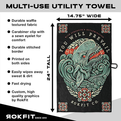 RokFit Gym & Golf Towel – Multi-Use, Quick-Dry, Durable Utility Towel with Bold Graphic and Carabiner Clip (You Will Prevail)