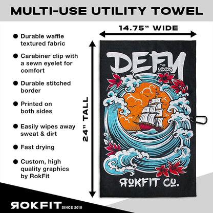 RokFit Gym & Golf Towel – Multi-Use, Quick-Dry, Durable Utility Towel with Bold Graphic and Carabiner Clip (Defy The Odds)