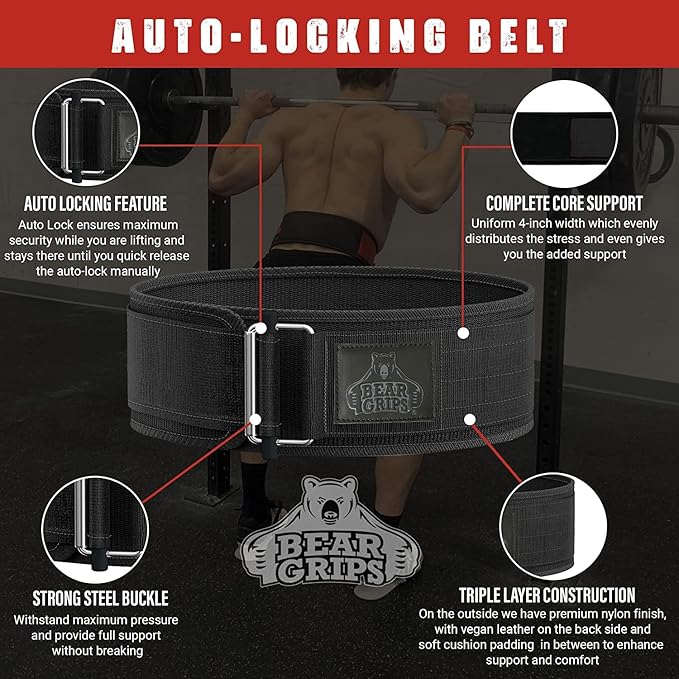 Bear Grips Weight Lifting Belt, Weightlifting Belt for Women, Weight Belt For Men Gym Belt With Locking Buckle, Nylon Belt, Squat Belt, Deadlift Belt, Workout Belt, Exercise Belt for Back Support