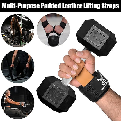 QTF Leather Lifting Wraps, Wrist Straps for Weightlifting, Wrist Support for Working Out, Bodybuilding, MMA, Powerlifting, Strength Training, Men & Women
