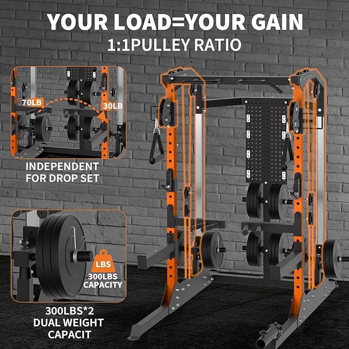Power Cage, 2000LB Power Rack with Independent Dual Pulley System, Multi-Function Home Gym Workout Machine for Stability & Strength Training