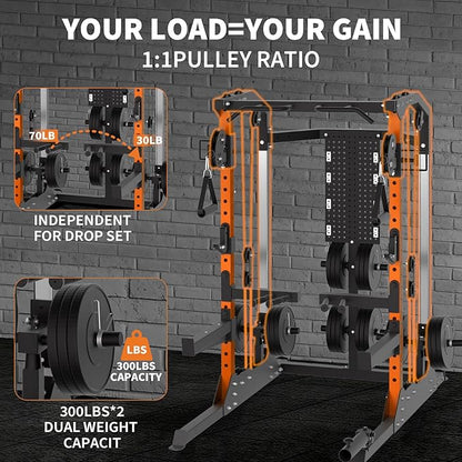 Power Cage, 2000LB Power Rack with Independent Dual Pulley System, Multi-Function Home Gym Workout Machine for Stability & Strength Training