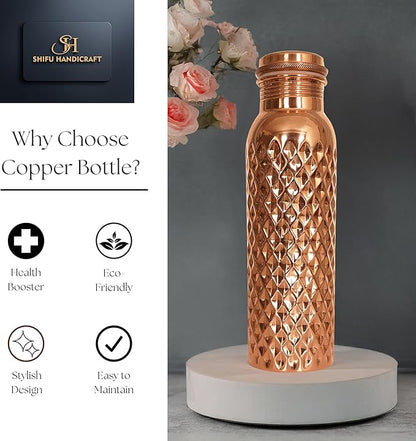 Pure Copper Water Bottle 34 Oz Hammered Copper Water Bottle For Drinking Handcrafted Ayurvedic 100% Vessel For Leak-Proof Lid Bottle for Yoga, Gym, Office & Travel