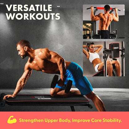 SQUATZ Pull-Up Workout Station with Bench - Multifunctional Gym Equipment Setup w/Pulling Bar, Sit-Up Board, Backrest, Elbow Pad, & Steel Main Frame, Great for Home Exercise and Weight Training
