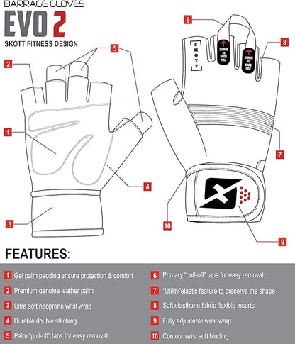 skott Evo 2 Weightlifting Gloves with Integrated Wrist Wrap Support-Double Stitching for Extra Durability-Get Ripped with The Best Body Building Fitness and Exercise Accessories