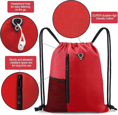 BeeGreen Red Lightweight Drawstring Backpack For Women W Water Bottle Pocket &Front Zippered Pocket Large Sports String Sackpack For Traveling Yoga Beach Outdoor Gym