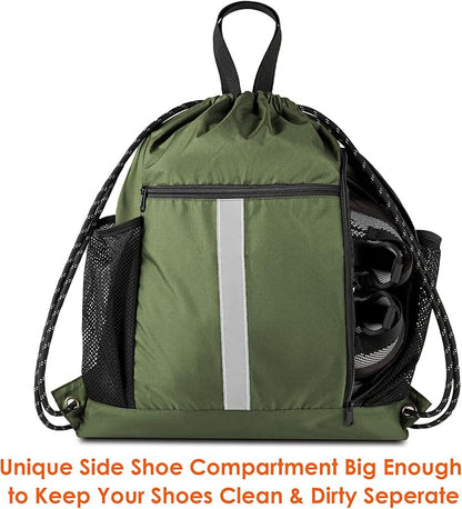 BeeGreen Moss Green Drawstring Bag Pack Sport Cinch Sack with Shoe Compartment and Two Side Mesh Pockets Heavy Duty Gym String Backpack for Unisex