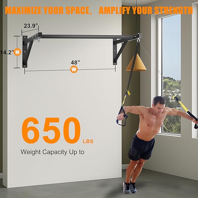 Pull Up Bar Wall Mounted, Heavy Duty 650 lbs Capacity Chin Up Bar, 48" Multi-Grip Strength Training Pull-up Bars, for Home Gym Garage/Backyard Total Body Workout, Ease Of Use Mounting