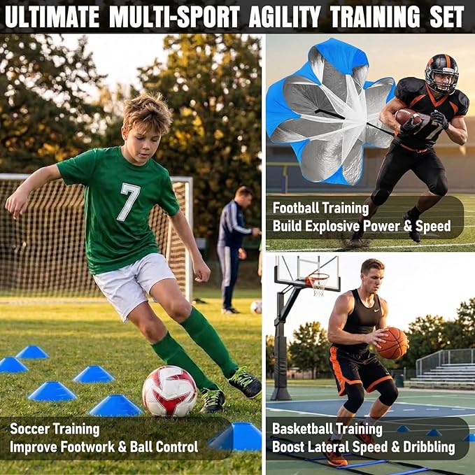 Agility Ladder, Agility Speed Training Equipment Set, 20ft Speed Ladder, 12 Soccer Cones, 4 Hurdles, Jump Rope, Running Parachute, Soccer Football Basketball Training Equipment Accessories