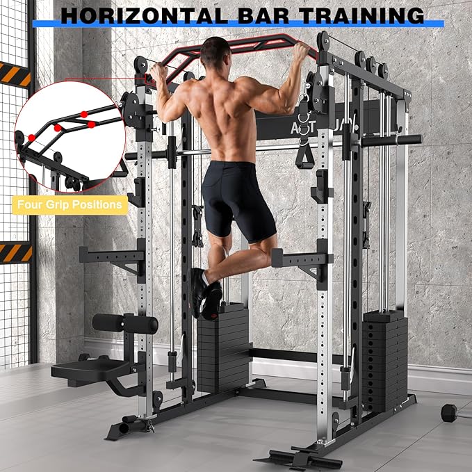 Smith Machine Strength Training Squat Rack with Smith Bar, Power Cage with LAT Pull-Down Systems, Cable Crossover Machine for Home Gym