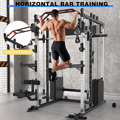 Smith Machine Strength Training Squat Rack with Smith Bar, Power Cage with LAT Pull-Down Systems, Cable Crossover Machine for Home Gym