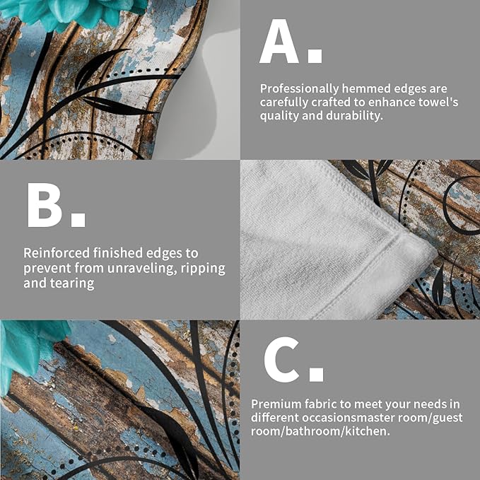 Farmhouse Flower Floral Bathroom Hand Towel Set of 2, Rustic Teal Turquoise Dahlia Fingertip Towel Country Blue Wild Garden Plant Decorative Soft Highly Absorbent Bath Towels for Home Hotel Gym Spa
