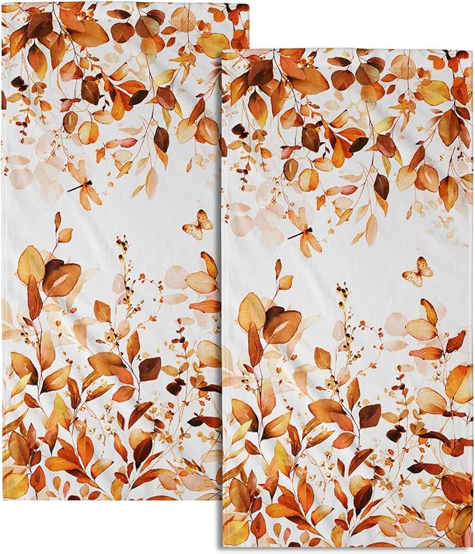 Orange Fall Hand Towels Set of 2 Eucalyptus Decorative Fingertip Towels Watercolor Plant Leaves with Floral Butterfly Towels Rustic Super Soft Face Towel for Bathroom Home Hotel Gym Kitchen Decor
