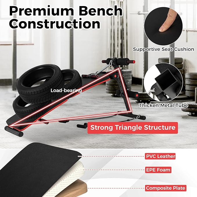 KOTEK Sit Up Bench, Foldable & Adjustable Ab Workout Equipment with 2 Elastic Ropes & Handle, 300 Lbs Weight Capacity, Decline Bench for Abs, Crunch, Strength Training Exercise for Home Gym