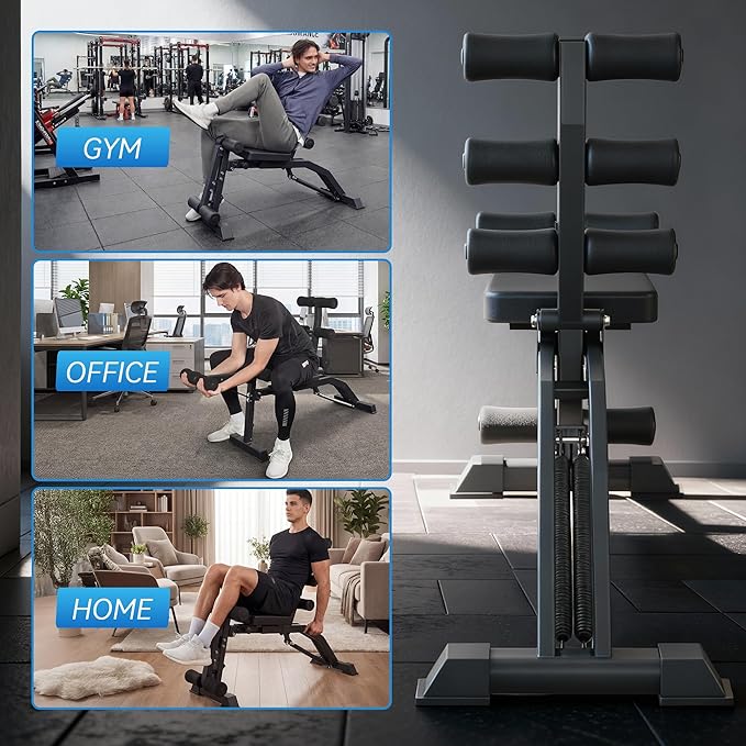 Adjustable Ab Bench for Home Gym, Multi-Functional Sit Up Bench with Height & Angle Adjustment, Foldable Core Trainer with Foam Rollers for Abdominal Workout, Back Extension & Full-Body Training
