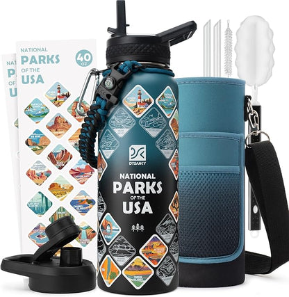 National Parks Water Bottle – 40 oz Insulated Stainless Steel Bottle with 63 Hand-Drawn Park Stickers, Carrier Bag, Strap & Gift Box – BPA-Free – Ideal for Hiking, Camping & Travel