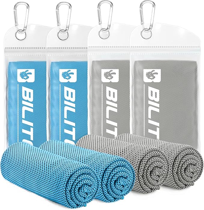 BILITOK Superfiber Ice Towel Neck, Soft Breathable Cold Towel Cooling, Yoga, Sports, Golf, Gym, Camping, Running, Fitness, Exercise and More Activities, 4 Packs (Blue/Gray)
