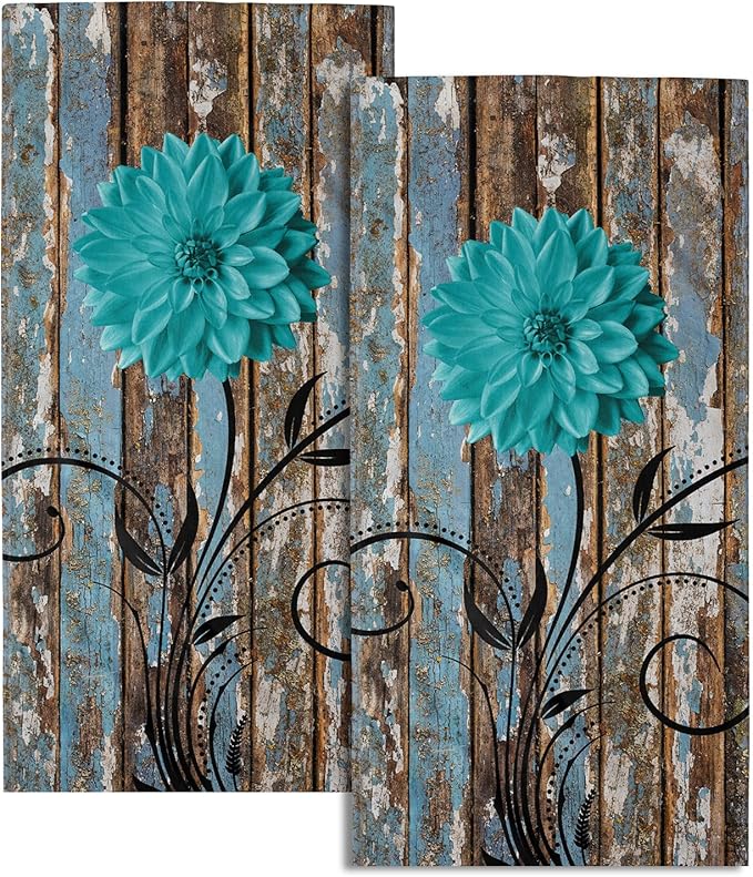 Farmhouse Flower Floral Bathroom Hand Towel Set of 2, Rustic Teal Turquoise Dahlia Fingertip Towel Country Blue Wild Garden Plant Decorative Soft Highly Absorbent Bath Towels for Home Hotel Gym Spa