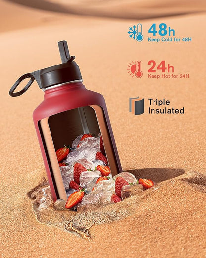 Coolflask Half Gallon Water Bottle Insulated with Straw & 3 Lids, 64 oz Water Jug Large Metal Stainless Steel Wide Mouth for Sports, Gym or Office, Non-BPA Keep Cold 48H Hot 24H, Red
