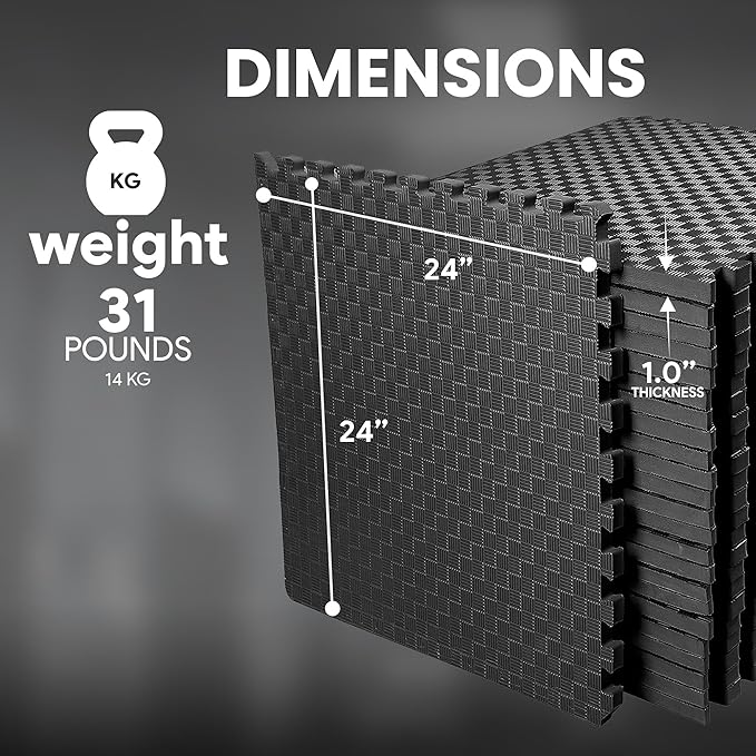 BalanceFrom Puzzle Exercise Mat 1" Thick, EVA Interlocking Foam Floor Tiles for Home Gym, Mat for Home Workout Equipment, Floor Padding for Kids, Black, 24 in x 24 in x 1 in, 72 Sq Ft - 18 Tiles
