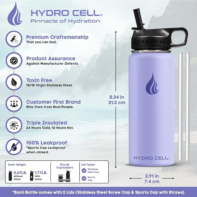 HYDRO CELL Stainless Steel Insulated Water Bottle with Straw - For Cold & Hot Drinks - Metal Vacuum Flask with Screw Cap and Modern Leakproof Sport Thermos for Adults (Lilac 18oz)