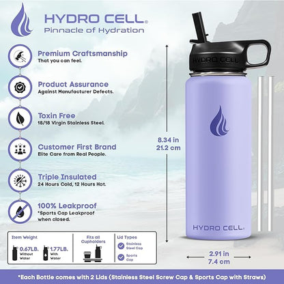 HYDRO CELL Stainless Steel Insulated Water Bottle with Straw - For Cold & Hot Drinks - Metal Vacuum Flask with Screw Cap and Modern Leakproof Sport Thermos for Adults (Lilac 18oz)