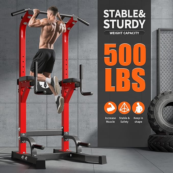 soges Pull Up Bar Dip Station, Power Tower with A Backrest, Adjustable Height Pull Up Bar Stand, Multi-Function Home Gym Strength Training