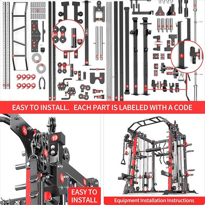 Multi-Purpose Squat Rack,Smith Machine Weight Rack Set with Cable Crossover System, Home Gym Power Racks, Power Racks and Packages