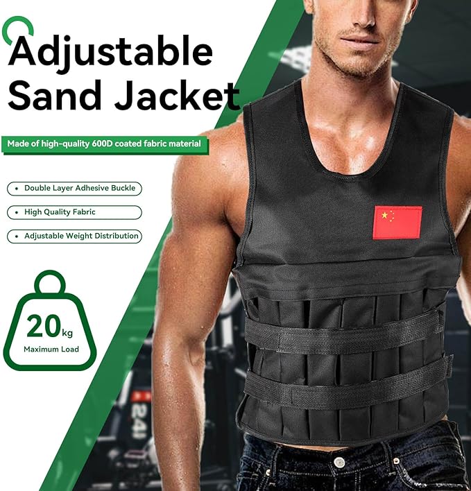 20KG Weighted Vest with 4Pcs Sand Bags（without weight）, Adjustable Training Waistcoat for Workout, Strength Training, Running, Fitness, Muscle Building