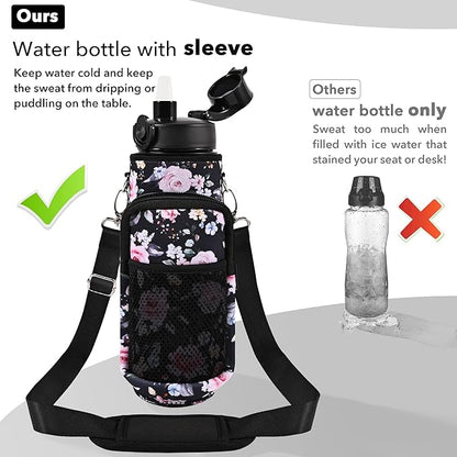 32 oz Water Bottles with Straw & Strap, Motivational Water Bottles with Times to Drink, BPA Free Reusable Sports Water Bottle with Sleeve Carrier for Hiking, Travel, Running or Fitness