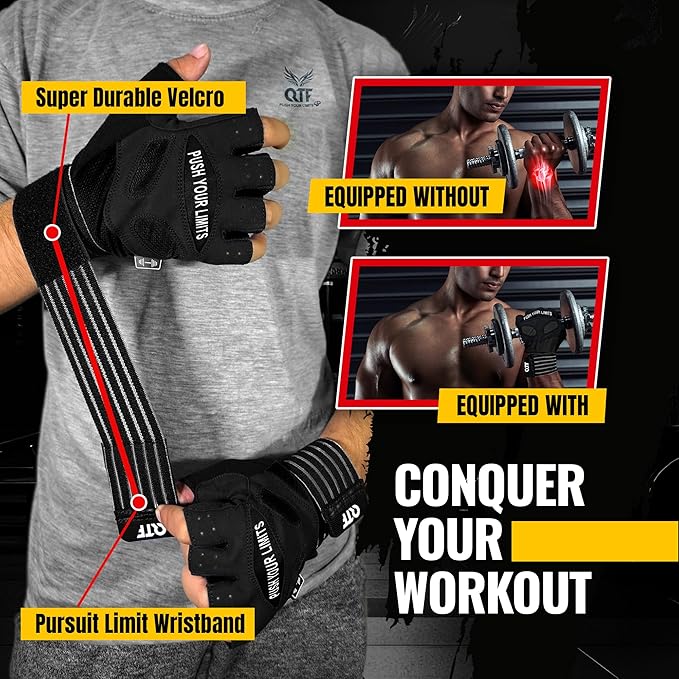 QTF Weight Lifting Gym Workout Gloves with Long Wrist Strap, Fingerless Gym Gloves for Men & Women, Full Palm Protection, for Weightlifting, Training, Fitness, Hanging