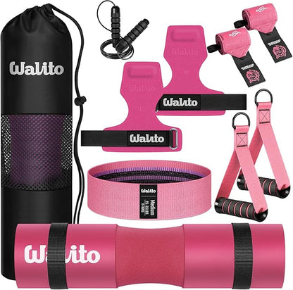 WALITO Barbell Squat Pad Set for Women, 10 Pcs Hip Thrust Gym Equipment with Exercise Handles, Wrist Wraps, Lifting Straps, Booty Band & Jump Rope, Portable Cable Machine Attachments